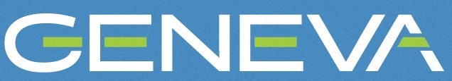 The image shows the word "GENEVA" in large white letters with green accents on a blue background.